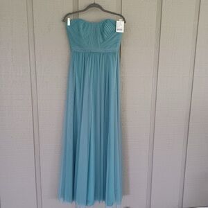 Amsale Strapless Ruched Bodice Teal Blue Chiffon Gown